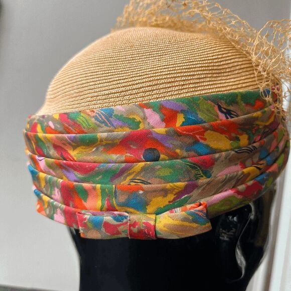VTG 50s Straw Kentucky Derby Hat Colorful Pleated Band Net Veil Pillbox